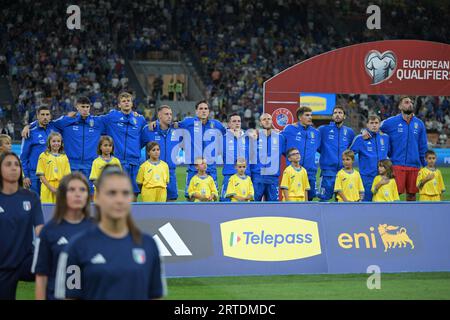 Milan, Italie. 12/09/2023, alignement de l'Italie lors du match de qualification européen de l'UEFA EURO 2024 entre l'Italie et l'Ucraine le 22 septembre 2023 au stade Giuseppe Meazza San Siro Siro à Milan, Italie. Photo Tiziano Ballabio Banque D'Images