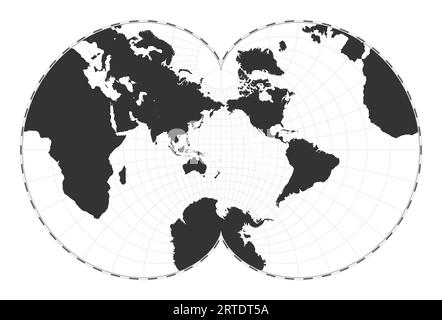 Carte du monde vectorielle. Projection conforme d'Eisenlohr. Carte géographique du monde simple avec des lignes de latitude et de longitude. Centré sur une longitude de 180 degrés. Vecteur Illustration de Vecteur