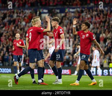 Oslo, Norvège. 12 septembre 2023. Oslo, Norvège, le 12 septembre 2023 : les joueurs norvégiens célèbrent après avoir marqué lors du match de qualification de l'UEFA EURO 2024 entre la Norvège et la Géorgie au stade Ullevaal d'Oslo, Norvège. (Ane Frosaker/SPP) crédit : SPP Sport Press photo. /Alamy Live News Banque D'Images