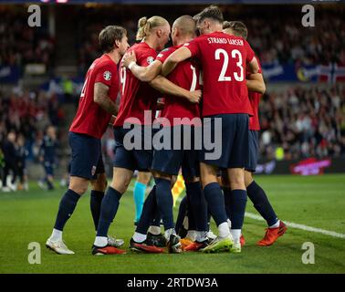 Oslo, Norvège. 12 septembre 2023. Oslo, Norvège, le 12 septembre 2023 : les joueurs norvégiens célèbrent après avoir marqué lors du match de qualification de l'UEFA EURO 2024 entre la Norvège et la Géorgie au stade Ullevaal d'Oslo, Norvège. (Ane Frosaker/SPP) crédit : SPP Sport Press photo. /Alamy Live News Banque D'Images