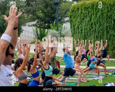 Cours de yoga en plein air au Waterloo Greenway Park à Austin, Texas Banque D'Images