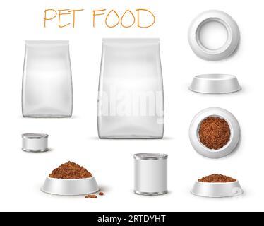 Bol d'emballage et d'alimentation, assiettes réalistes d'aliments pour animaux de compagnie et emballages 3d vue avant et de dessus isolé sur fond blanc. Sacs vierges, boîtes de conserve et vaisselle pour chats et chiens, magasin zoo articles d'animaux Illustration de Vecteur