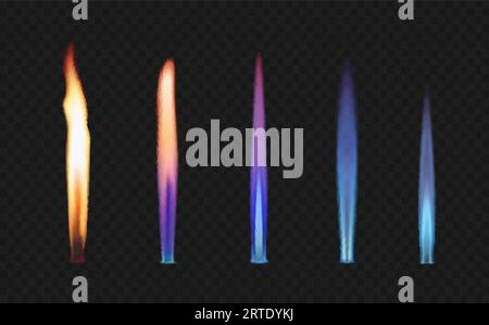 Jeu de vecteurs flammes de feu, gaz et zinc, potassium, stronium et sodium brûlant les langues. Effet flamboyant, reflets brillants orange, bleu et violet. Inferno flamboyant, lumières isolées d'allumage 3d réalistes Illustration de Vecteur