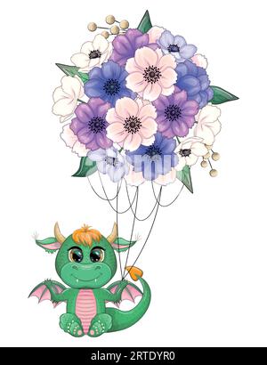 Dragon vert et bouquet volant, carte du nouvel an 2024 avec dragon et fleurs. Anémones, pivoines, culottes, magnolia Illustration de Vecteur