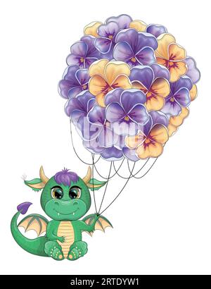 Dragon vert et bouquet volant, carte du nouvel an 2024 avec dragon et fleurs. Anémones, pivoines, culottes, magnolia Illustration de Vecteur