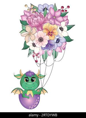 Dragon vert et bouquet volant, carte du nouvel an 2024 avec dragon et fleurs. Anémones, pivoines, culottes, magnolia Illustration de Vecteur