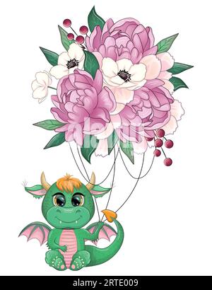 Dragon vert et bouquet volant, carte du nouvel an 2024 avec dragon et fleurs. Anémones, pivoines, culottes, magnolia Illustration de Vecteur