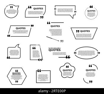 Bulle et boîte de citation, chat, message, commentaires icônes de citation. Cadres de parole vectoriels, commentaire pour les textos, citant pour les informations textuelles modèles vides. Guillemets avec virgules inversées, éléments isolés définis Illustration de Vecteur