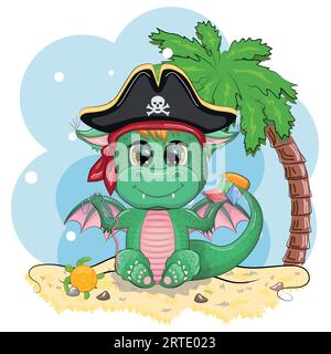 Mignon dragon vert dessin animé pirate dans un chapeau armé. Symbole de 2024 selon le calendrier chinois Illustration de Vecteur