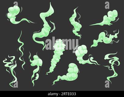 Mauvaise odeur de dessin animé vert, odeur de fumée vectorielle, souffle puant, puanteur et nuage de gaz toxique, vapeur puante ou vapeur puante, brouillard malodorant ou fumée. Corps sale, aisselle, sueur, nourriture pourrie ou mauvaise odeur de déchets Illustration de Vecteur