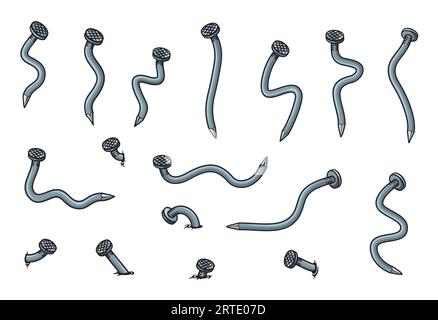 Clous pliés en métal de dessin animé et pointes de fer cassées. Clous vectoriels isolés martelés dans le mur, vieilles broches en acier avec têtes de cercle et tiges courbées, menuiserie et outils de construction, conception d'articles de quincaillerie Illustration de Vecteur