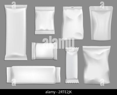 Maquettes vectorielles de paquets de casse-croûte, sachets ou sacs de poche modèle 3D isolé. Emballages rectangulaires blancs en feuille, en plastique ou en papier. Emballages vierges pour la nourriture, la barre de chocolat ou les chips emballage réaliste ensemble de maquette Illustration de Vecteur
