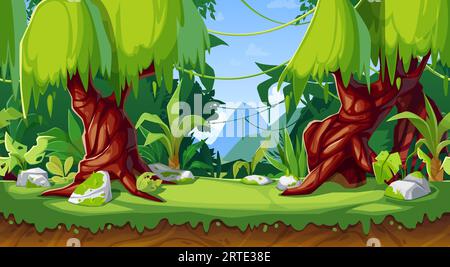 Interface de jeu de dessin animé, forêt vectorielle ou paysage de jungle, fond transparent avec effet de parallaxe. Papier peint panoramique avec des plantes tropicales, des lianes, des rochers et des arbres sur l'herbe verte et la vue sur les montagnes Illustration de Vecteur