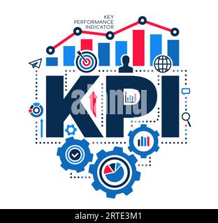 Idée de KPI de gestion et d'entreprise. Indicateurs clés de performance disposition vectorielle avec engrenages et diagramme de symboles commerciaux, cible avec flèche, loupe, profil humain et plan de papier avec graduation et diagramme circulaire Illustration de Vecteur