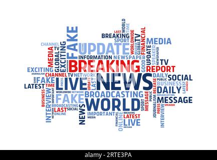 Diffusion et actualités en direct tags cloud. Mélange de mots associés à la communication de presse mondiale vectorielle pour le flux de programmes tv ou la chaîne multimédia. Journalisme, messages quotidiens tagcloud isolé sur fond blanc Illustration de Vecteur
