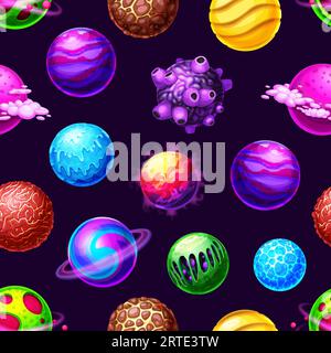 Dessins animés galaxies planètes et étoiles spatiales modèle sans couture, fond d'univers vectoriel. Les astéroïdes de galaxie et les planètes spatiales fantastiques avec des météorites, des météores et des comètes, fond de ciel cosmique de dessin animé pour enfants Illustration de Vecteur