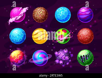 Planètes fantastiques, mondes extraterrestres dans un ensemble de dessins animés de l'espace profond. Gelé et chaud, eau couverte, glace et planètes de lave avec satellites, astéroïde avec icône vectorielle de surface rocheuse. UI, éléments de conception de l'interface GUI Illustration de Vecteur