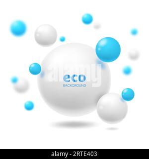 Boules réalistes ECO fond avec sphères 3D. Conception vectorielle abstraite pour le thème de l'écologie et de l'environnement. Boules brillantes blanches et bleues ou bulles avec ombres et reflets lumineux, formes géométriques Illustration de Vecteur