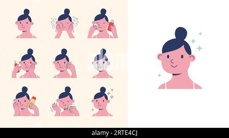 Illustrations de routine de soin de la peau avec des filles mignonnes. Crème, lotion, masque, crème pour les yeux et flacons de crème solaire Illustration de Vecteur