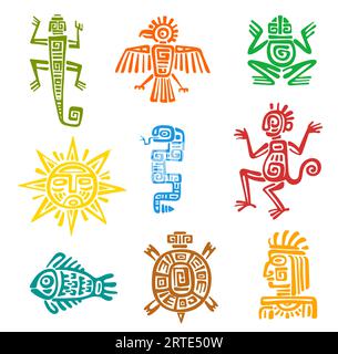 Totem aztèque maya avec symboles vectoriels isolés d'animaux et d'oiseaux. Aigle tribal mexicain antique, serpent, tortue et lézard, dieu aztèque, pyramide, soleil et singe, poisson, grenouille, corbeau avec motif ethnique Illustration de Vecteur