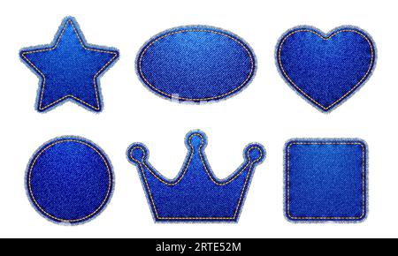 Patchs jeans bleu denim et étiquettes de couronne, cercle et coeur, patchs de texture de jeans d'étoile de vecteur. Tissu sergé de coton réaliste de patchs jeans denim bleu avec des points de fil jaunes et des bords déchirés Illustration de Vecteur