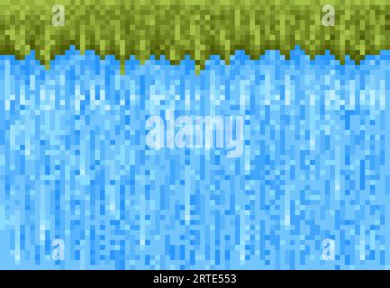 Cascade d'eau de rivière, de lac ou de cascade avec fond de motif de jeu de pixel cubique d'herbe. Vector huit bits blocs de jeu interface technologie 2D. Décor rétro avec section transversale aqua et champ vert Illustration de Vecteur