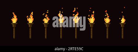 Animation de flamme de feu de torche pixelisée de dessin animé du jeu d'art de pixel de 8 bits. Effet vectoriel des images de sprite brûlantes de torche de jeu vidéo rétro ui avec des flammes de feu jaune vif et des étincelles rouges volantes Illustration de Vecteur