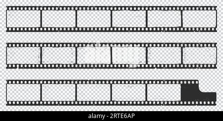 Bande de film, longue bande de film grunge, vieux cadres de bobine de film vintage, vidéo de cinéma vectoriel ou bande photo. Bande de film grunge longue ou rouleau négatif de caméra vidéo avec fond transparent Illustration de Vecteur