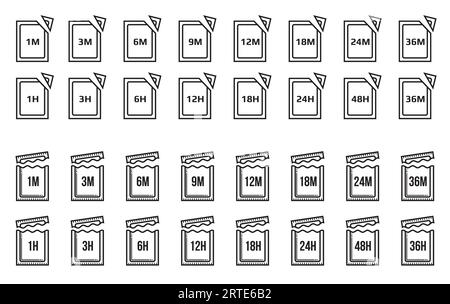 Icônes PAO. Période après ouverture des symboles de péremption, pictogrammes vectoriels de sachet ou d'emballage. Produit cosmétique ou pharmaceutique, signe de date de péremption du shampooing, utiliser les marques meilleur avant Illustration de Vecteur
