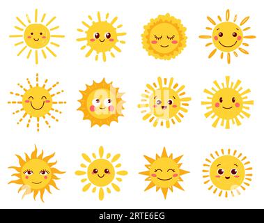 Personnages de soleil, visages ensoleillés de bande dessinée et sourires heureux mignons d'été, icône vectorielle. Personnages de soleil ou soleil, météo, emoji amusant de drôles soleils jaunes chauds avec expression de sourire et lush brillant Illustration de Vecteur