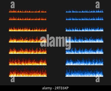 Animation de jeu de feu d'art de pixel, effet de flammes bleues et rouges pour le vecteur 8 bits de fond. Dessin animé pixel art pare-feu ou brûlure de feu de joie, feu de feu animé de feu de forêt brûlant pour l'animation 8 bits Illustration de Vecteur