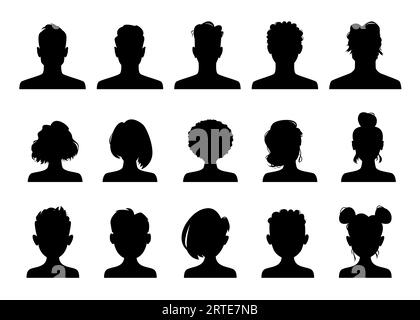 Silhouettes de profil d'avatar, portraits vectoriels de têtes de personnes. Avatars de personne anonyme masculine ou féminine, icône de profil d'utilisateur de médias sociaux, silhouettes d'homme, femme, fille et garçon avec des coiffures modernes Illustration de Vecteur