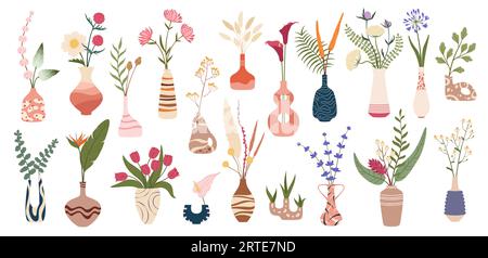 Vases à fleurs scandinaves, bouquets de plantes en pots, vecteur, feuilles florales en pot de fleurs. Fleurs sèches en poterie, vases en céramique maison avec décor scandinave de tulipe, ornement rose ou motif de feuilles vertes Illustration de Vecteur