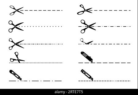 Ligne de coupe, ciseaux, cutter, couteau. Coupon vectoriel découpé ici des bordures de lignes pointillées et pointillées, section de découpe de boîte de papier et bord de coupe. Marques de séparation des billets, circulaires de réduction, coupons ou codes promotionnels Illustration de Vecteur