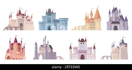 Ensemble de vecteurs isolés de châteaux médiévaux de dessin animé. Architecture des anciens palais européens, des forteresses et des tours. Fortifiée fabuleuse construction de bastion. Conception plate de châteaux de princesse magique Illustration de Vecteur