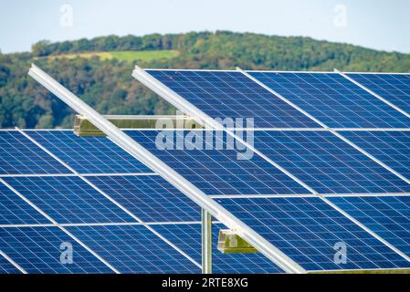 Gros plan de cellules solaires, dans des rangées de panneaux, à un site dans la campagne, pendant l'été dans l'Angleterre rurale, fournissant de l'énergie propre durable à l Banque D'Images