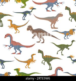 Dessins animés personnages de dinosaures vecteur modèle sans couture. Arrière-plan préhistorique de monstres dino. Animaux dinosaures, drôle velociraptor, oviraptor, dillosaurus et carnotaurus, kompi et patchi fond Illustration de Vecteur