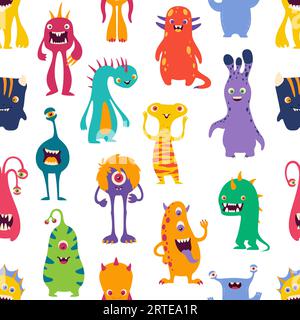 Dessin animé monstres drôles modèle sans couture. Extraterrestres mignons, fantômes d'Halloween et bêtes spatiales de vecteur, personnages de monstres heureux avec des sourires joyeux, des yeux et des cornes effrayants, de la fourrure de couleur et des langues Illustration de Vecteur