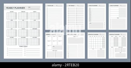 Modèles de page Planner pour les calendriers vectoriels de planification de l'année, du mois et de la journée définis. Construisez votre agenda personnel et professionnel de manière efficace. Fournitures de gestion du temps pour la planification d'événements et de réunions Illustration de Vecteur