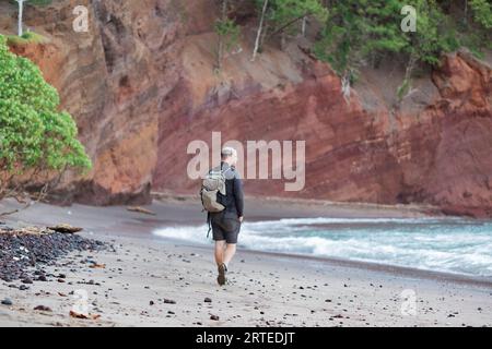 Vue de derrière d'un homme marchant le long de la plage parmi les falaises rocheuses de la mer regardant vers l'océan Pacifique sur la route de Hana Banque D'Images