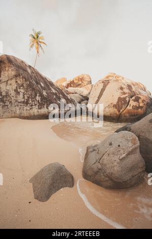 Vue rapprochée des grands rochers sur les rives de bord de mer des bains, une célèbre plage dans les îles Vierges britanniques ; Virgin Gorda, îles Vierges britanniques, Caraïbes Banque D'Images