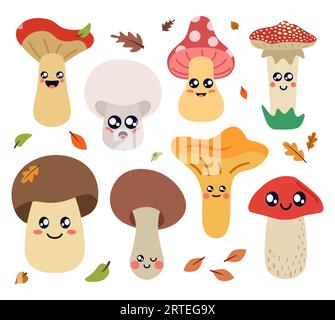 Sticker Pack, ensemble avec des champignons drôles avec des visages. Illustration vectorielle plate Illustration de Vecteur