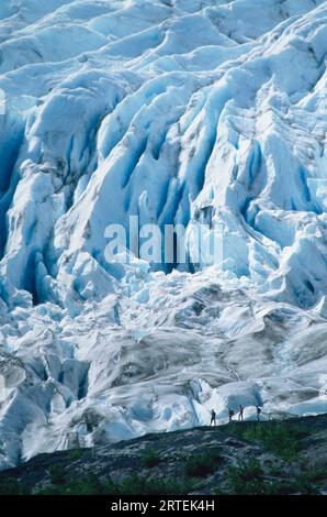 Quittez Glacier vu de l'entrée du visiteur, avec quatre randonneurs marchant sur la boucle supérieure, Kenai Mountains, Kenai Fjords National Park, Alaska, USA Banque D'Images