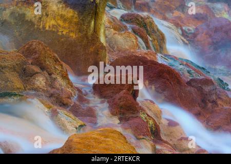 L'eau chaude des geysers déverse les rochers dans la vallée des geysers, réserve naturelle de Kronotsky, Russie ; Kronotsky Zapovednik, Kamtchatka, Russie Banque D'Images