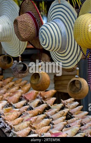 Chapeaux de soleil et coquilles de conque à vendre à Tobago ; Milford Bay, Tobago, République de Trinité-et-Tobago Banque D'Images