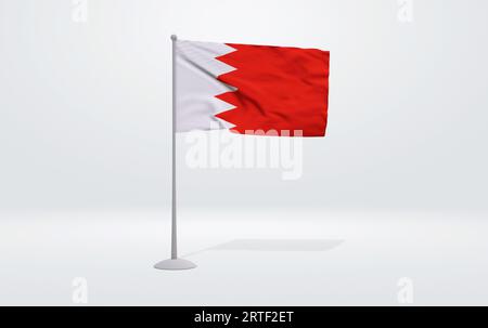 Illustration 3D d'un drapeau bahreïni étendu sur un mât et une toile de fond de studio en arrière-plan. Banque D'Images
