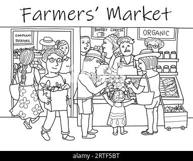 Marché fermier. Groupe de personnes multiethniques diverses achetant et vendant des fruits et légumes frais sains à l'épicerie. Noir et blanc. Banque D'Images