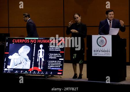 Mexico, Mexique. 12 septembre 2023. Jois Mantilla, journaliste et chercheuse à l'audience publique mexicaine sur les phénomènes anormaux non identifiés à la Chambre des députés de Mexico. Le 12 septembre 2023 à Mexico, Mexique (crédit image : © Luis Barron/eyepix via ZUMA Press Wire) USAGE ÉDITORIAL SEULEMENT! Non destiné à UN USAGE commercial ! Banque D'Images