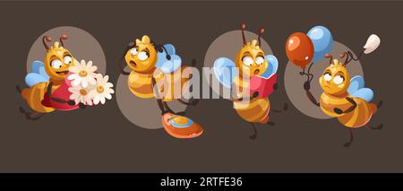 Illustration de mascotte de vecteur de personnage d'abeille drôle mignon. Insecte animal isolé ensemble sourire, étude et vol. Conception créative de bourdon avec des fleurs de camomille, ballon, miel et collection de livres. Illustration de Vecteur