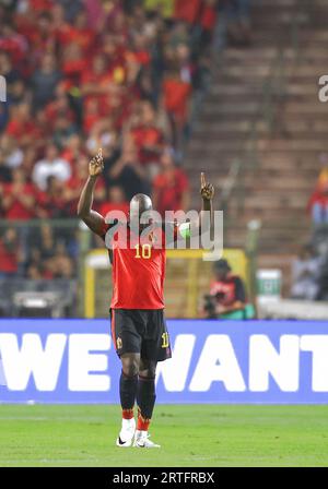 Bruxelles, Belgique. 12 septembre 2023. Romelu Lukaku, de Belgique, célèbre les buts lors du match de la ronde de qualification pour le Championnat d’Europe 2024 entre la Belgique et l’Estonie à Bruxelles, Belgique, le 12 septembre 2023. Crédit : Zhao Dingzhe/Xinhua/Alamy Live News Banque D'Images